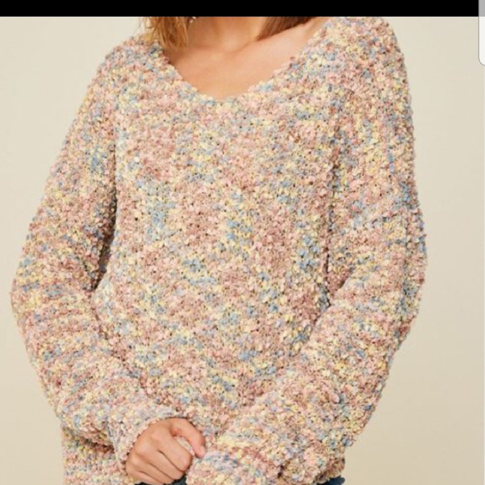 Multicolored Plunging Twist-Back Popcorn Sweater - image 4